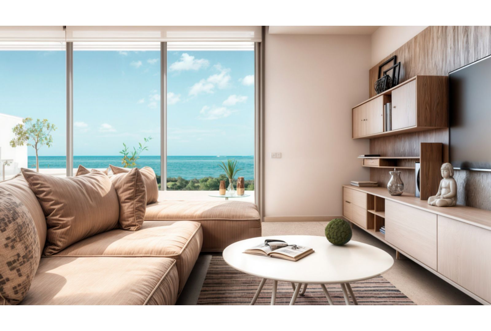 Luxe woonkamer met uitzicht op de oceaan.