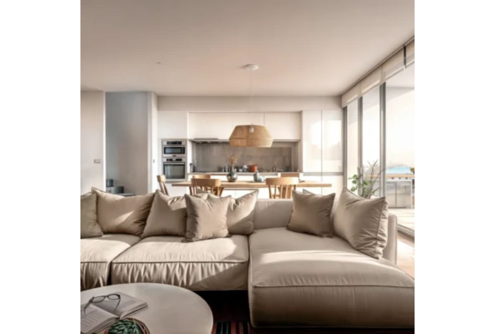 Moderne appartement woonkamer met comfortabele bank en open keuken.